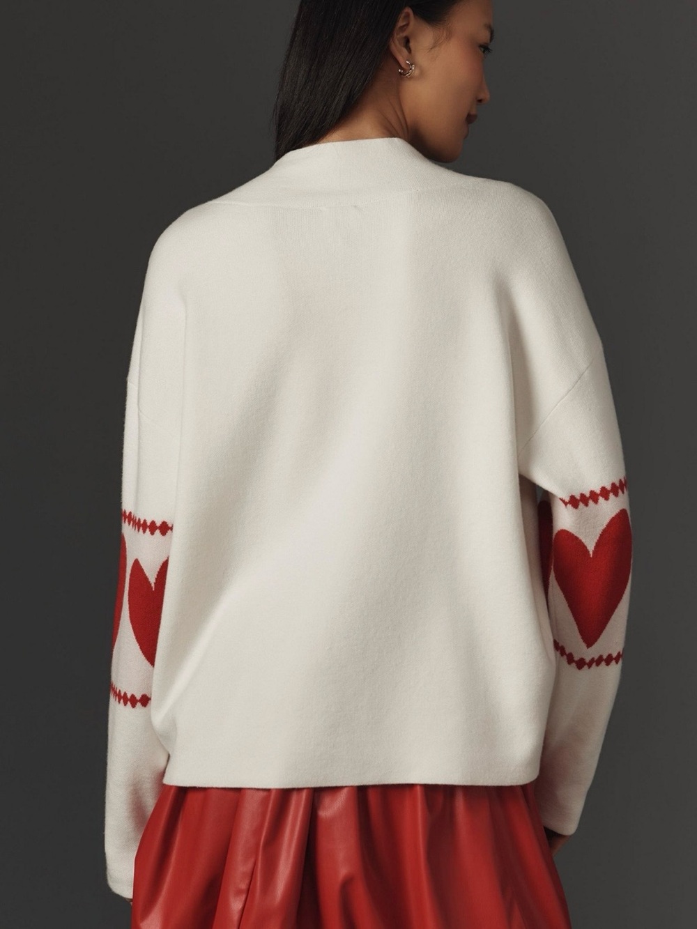 Maeve Anthropologie Women's S Ivory Red Heart Print Knit Mock Neck Sweater - Picture 2 of 13